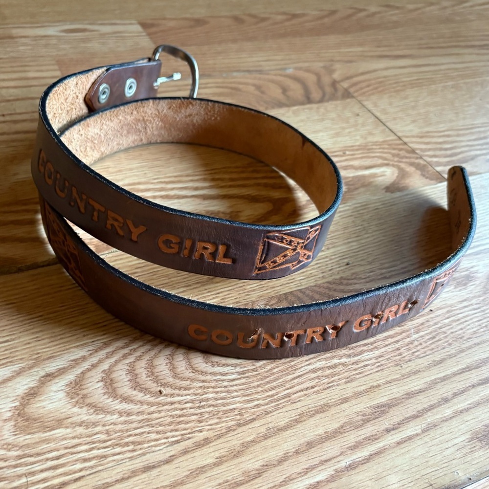 Vintage Leather Tooled Belt Country Girl Confederate Flag Size 36